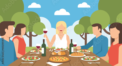 Outdoor group of friends eating lunch together