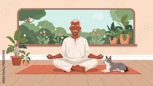 Older Indian man doing a meditation practice at home
