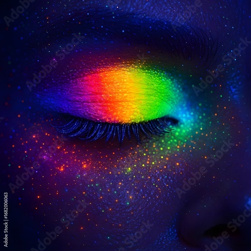 Neon eyeshadow pigments glowing under UV light.