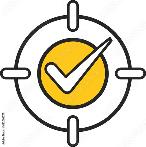 Illustration of a target with a check mark isolated on white background, symbolizing success, achievement, and accuracy in achieving goals and validating objectives