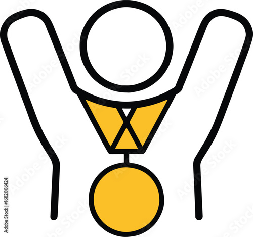 Illustration of a winner with a gold medal isolated on white background, representing success, achievement, and triumph in a competition, with a simple and flat design style