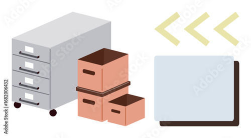 Filing cabinet with wheels, stacked brown boxes, document layers, and arrows signifying document flow. Ideal for office management, organization, workflow, moving, archiving efficiency simple flat