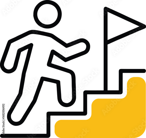 Illustration of a person climbing stairs towards a flag, symbolizing success, achievement, and career goals isolated on white background, with a simple and flat design style