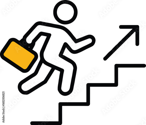 Illustration of a businessman climbing stairs with an arrow, symbolizing career growth, success, and progress, isolated on white background