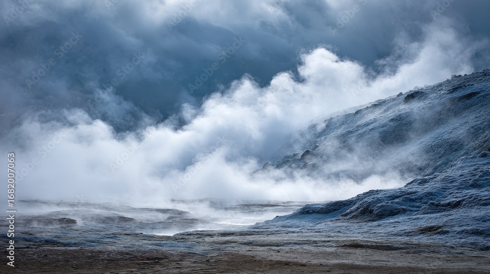 Fototapeta premium Dramatic Landscape Clouds Rolling Over a Geothermal Area
