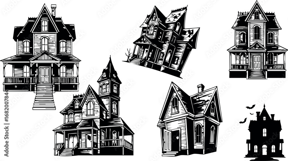 Fototapeta premium Vintage haunted houses collection black and white spooky vector illustrations 