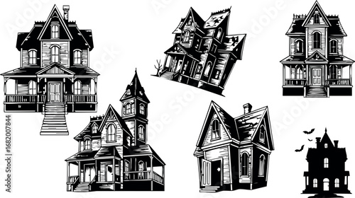 Vintage haunted houses collection black and white spooky vector illustrations 