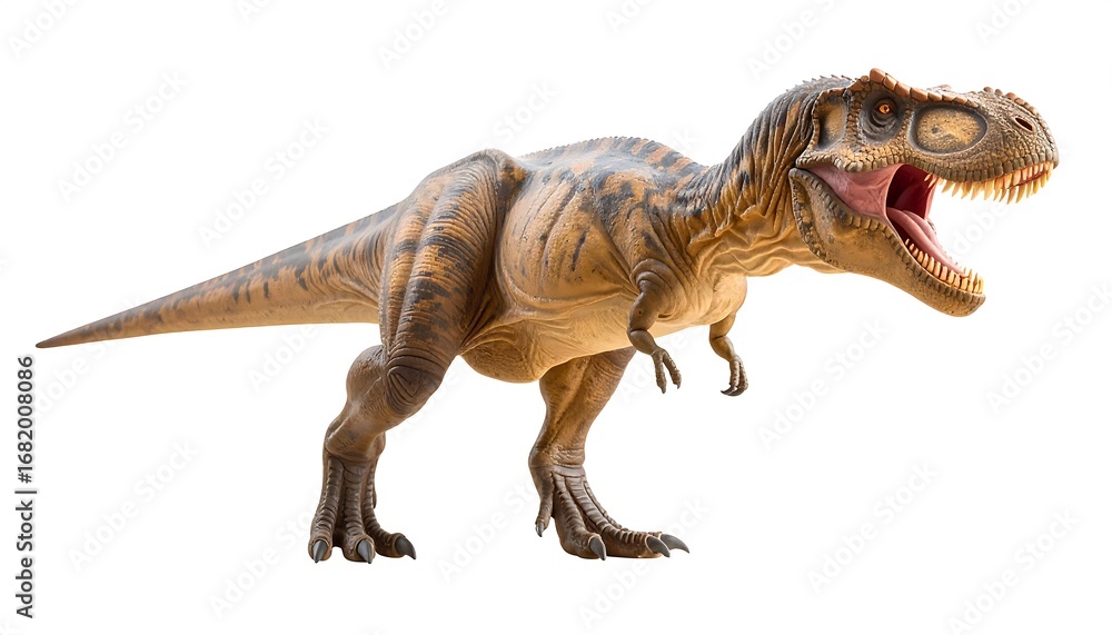 Obraz premium A formidable Tyrannosaurus Rex, rendered in a detailed and dynamic pose, against a pure white background.