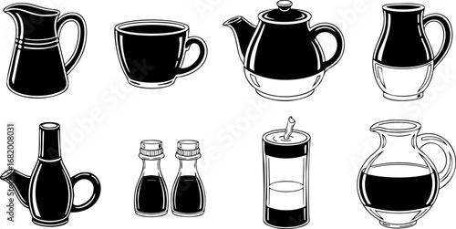 Coffee and tea set vector with cups pots milk jugs and salt pepper shakers 