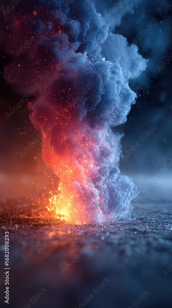 Vivid eruption of colorful smoke and flame against dark backdrop at night in an artistic display of nature's forces Vivid eruption of colorful smoke and flame against dark backdrop at night in an artistic display of nature's forces