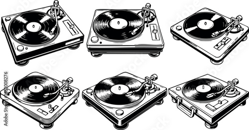 Vintage turntable record player vector illustration set in black and white style 