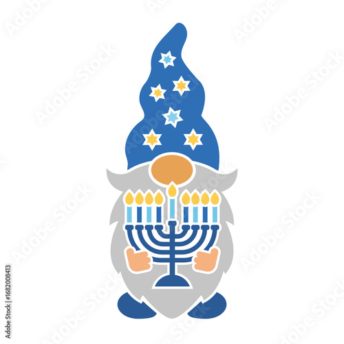 Vector Hanukkah gnome design with menorah. Cute Jewish holiday illustration for prints, invitations, greeting cards, banners, posters. Template for plotter cutting