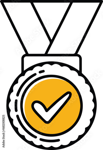 Illustration of a gold medal with a check mark on it, isolated on white background, representing achievement, success, and quality assurance in a simple and modern design
