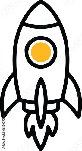 Illustration of a rocket launching into space, isolated on white background, symbolizing startup, innovation, and technological advancement in a simple and modern design