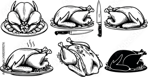 Roasted whole chicken illustrations with carving knife and serving plate vector set 
