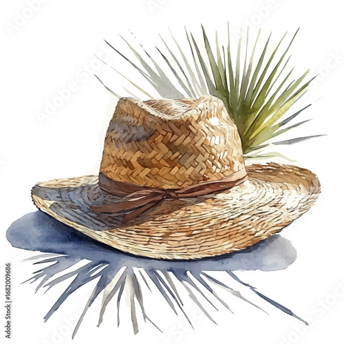 Straw Hat Summer Shadow, watercolor vector, isolated on a white background.