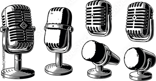 Vintage microphone set black and white retro style detailed vector illustration 