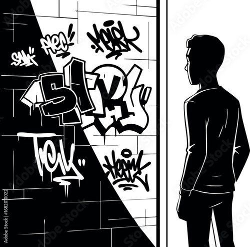 Silhouette of Man Looking at Graffiti Wall Urban Street Art Vector Illustration 
