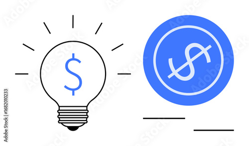 Lightbulb with dollar sign symbolizing creativity and money-making ideas alongside blue coin highlighting growth. Ideal for finance, investment, business strategy, wealth planning, startup