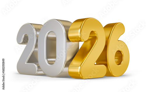 Silver and Gold 2026 Numbers in 3D render with transparent background