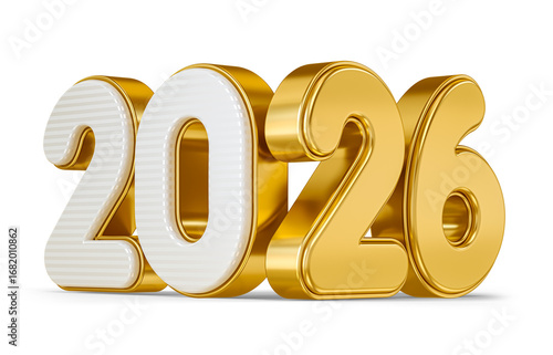 Striped White and Gold 2026 Numbers in 3D render with transparent background