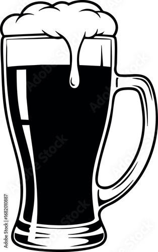 Dark beer mug with foam vector illustration in black and white style 