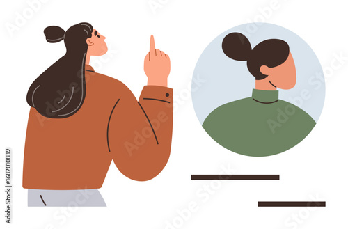 Woman in casual attire pointing upwards and a circular portrait detail beside her. Ideal for profile creation, identity, communication, interaction, instruction, user interface, and teamwork