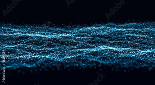 Abstract blue wave pattern with interconnected dots and lines on dark background