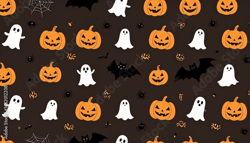 Halloween cartoon flat pattern with pumpkins, bats, ghosts, and spiderwebs. Cute autumn festive background for wallpapers, cards, and packaging projects.