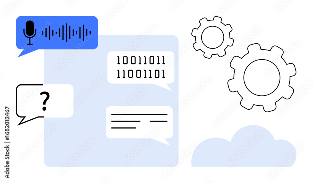 custom made wallpaper toronto digitalSpeech bubble with waveform, binary code, gears, cloud, and text showcase AI communication, automation, coding, data processing, computing programming simple landing page