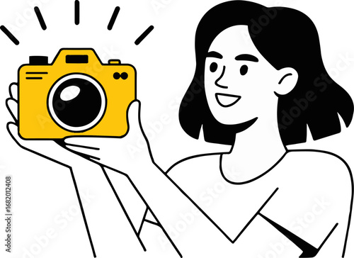 Vector art of a woman is holding a camera, capturing a moment and expressing her creative passion through photography, showcasing her talent as an artist