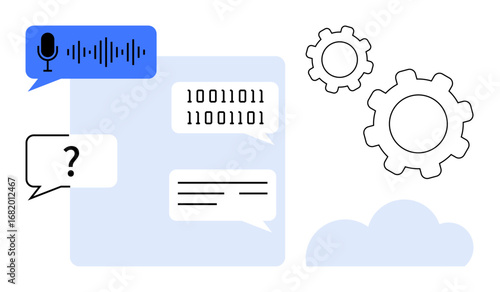 Wallpaper Mural Speech bubble with waveform, binary code, gears, cloud, and text showcase AI communication, automation, coding, data processing, computing programming simple landing page Torontodigital.ca
