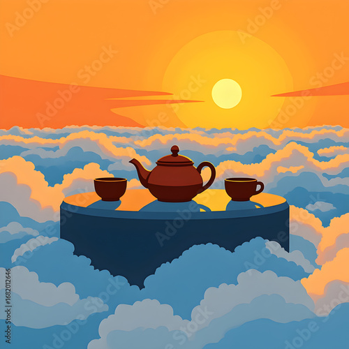 Peaceful Floating Tea Setup on Blue Platform with Sunset Sky and Clouds — Serene Digital Illustration of Brown Teapot and Cups Evoking Tranquility, Warmth, and Relaxation