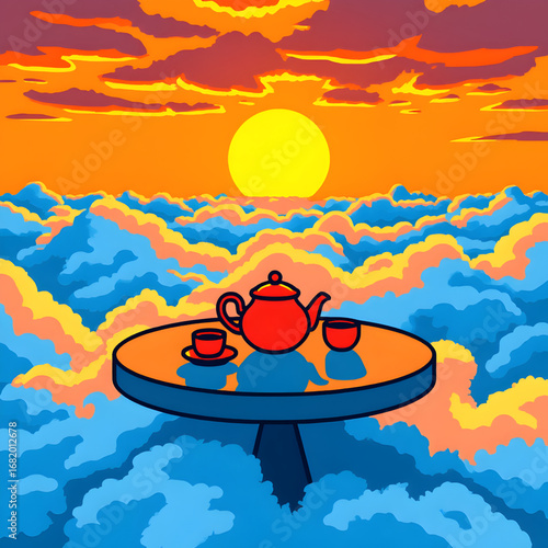 Surreal Tea Table with Red Teapot and Cups against Vibrant Sunset Sky — Colorful Cartoon Illustration of Relaxation, Warm Atmosphere, and Dreamlike Evening Scene