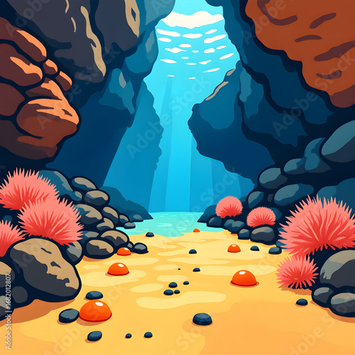 Cartoon Beach Scene with Rocks, Red Plants, and Calm Blue Water — Peaceful Coastal Illustration Featuring Sandy Shore, Boulders, and Serene Seaside Atmosphere