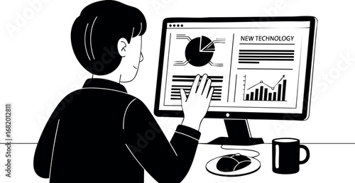 Woman analyzing data on computer screen in black and white vector illustration 