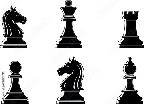 Black chess pieces set with knight queen rook pawn bishop in vector illustration 