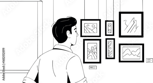 Man viewing framed art pieces in gallery interior vector illustration 