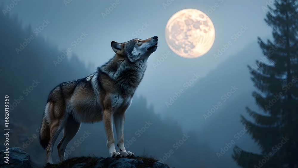 Naklejka premium Grey Wolf Howling at the Moon in a Misty Mountain Landscape