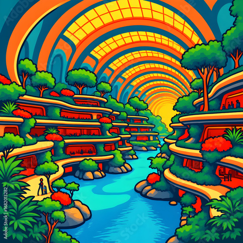 Futuristic Cartoon City with Greenery, River, and Multi-Level Buildings — Vibrant Urban Landscape Illustration Blending Nature, Architecture, and Modern Sci-Fi Design
