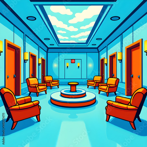 Bright Blue Waiting Room with Skylight and Orange Armchairs — Modern Lobby Interior Illustration for Business, Healthcare, and Office Backgrounds