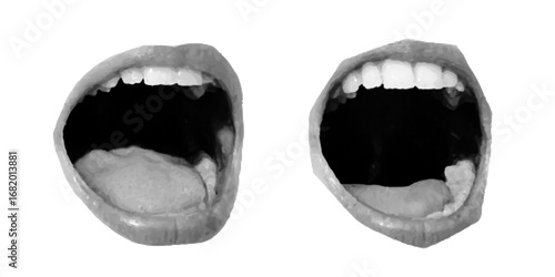 Crazy open mouth with smile and scream for a retro pop art vector illustration or vintage poster design. This graphic element features a female face with tongue and teeth in abstract comic style, perf