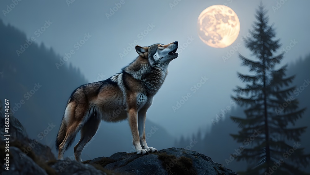Naklejka premium Grey Wolf Howling at the Moon in a Misty Mountain Landscape