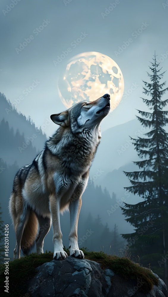 Fototapeta premium Grey Wolf Howling at the Moon in a Misty Mountain Landscape