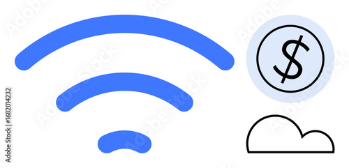 wireless waves, cloud, and dollar sign together symbolize data access, cloud storage, and financial transactions. Ideal for technology, finance, connectivity, online business internet use