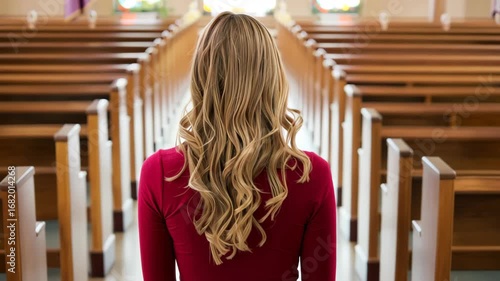 A Moment of Reflection: A solitary woman in a deep red shirt stands at the end of the chapel aisle, her back to the camera, surrounded by rows of empty pews, offering a poignant visual of solitude.