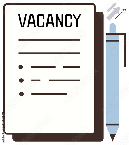 Application form labeled Vacancy featuring bullet points and a blue pen for job recruitment. Ideal for career growth, job search, hiring process, human resources, recruitment, application, success