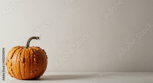 A single perfectly textured orange bumpy gourd with a curved stem rests on a light surface against a minimalist beige wall, creating ample copy space.