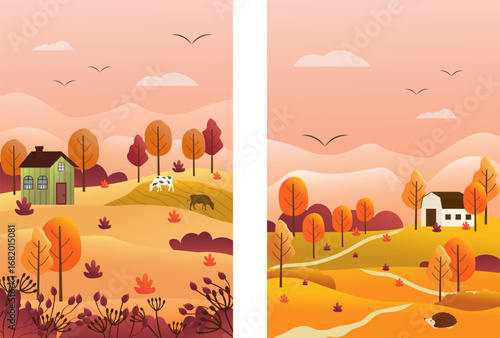 Autumn rural landscape with house and trees. Rural scene with path and hedgehog. Panorama of autumn nature. Wooden houses in the countryside surrounded by forest. Vector illustration