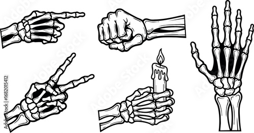 Skeleton hand gestures and poses vector illustration with candle and fist 